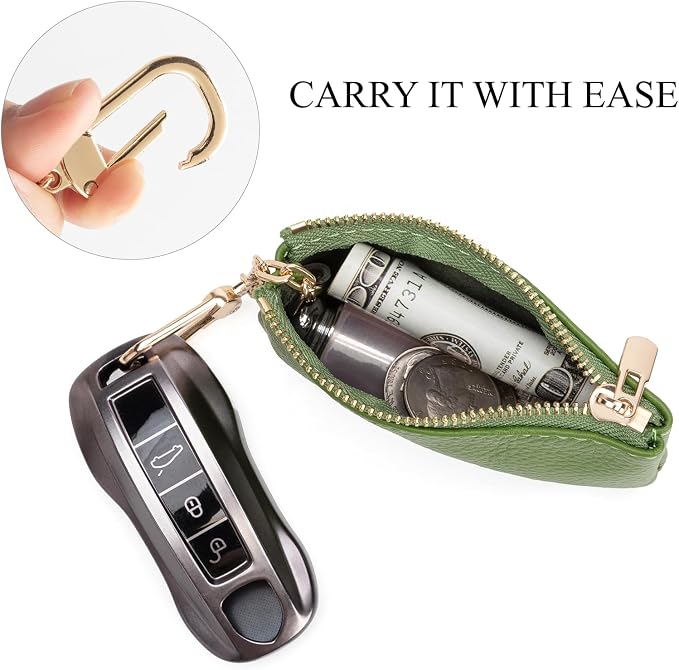 Full Grain Leather Coin Purse with Key Chain - Small Change Purse Keychain Card Holder Keychain Pouch Small Keychain Wallet for Women and Men (Grass Green)