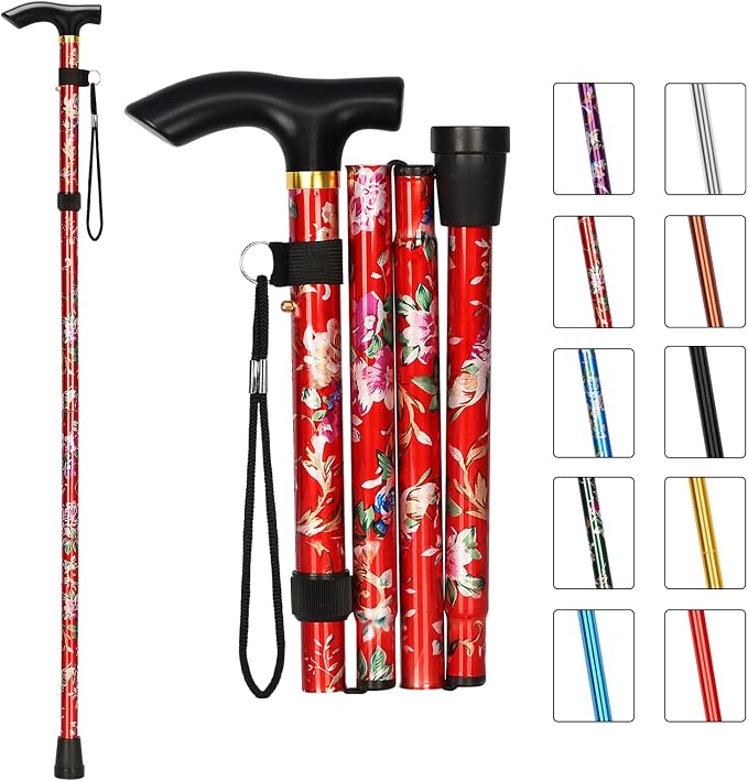 MFE Folding Cane, Portable 5-Level Adjustable Height Walking Stick with Foldable Design, Wrist Strap, and T Handle for Men and Women