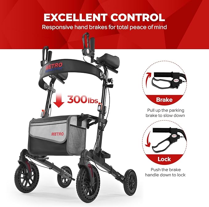 Metro Mobility Rollator Walker with Seat for Seniors, Foldable Lightweight Rolling Walker, 10" Big Front Shock-Absorbing Honeycomb Wheels for All Terrain, 300 lb. Weight Capacity, Black