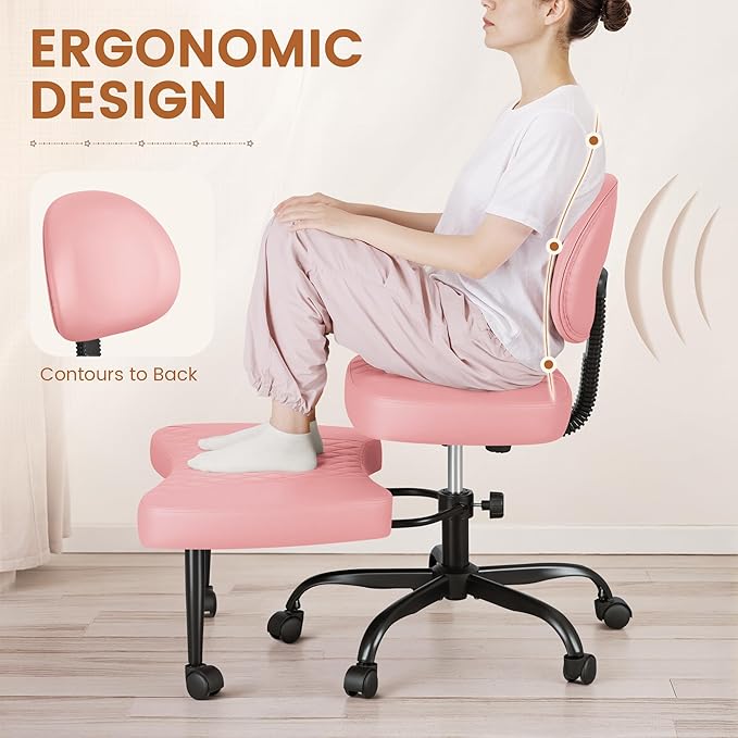 Ergonomic Cross Legged Office Chair with Wheels - Adjustable Height Kneeling Meditation Chairs for ADHD, Yoga & Desk Work - Wide Criss Cross Seat with Lumbar Support, Pink