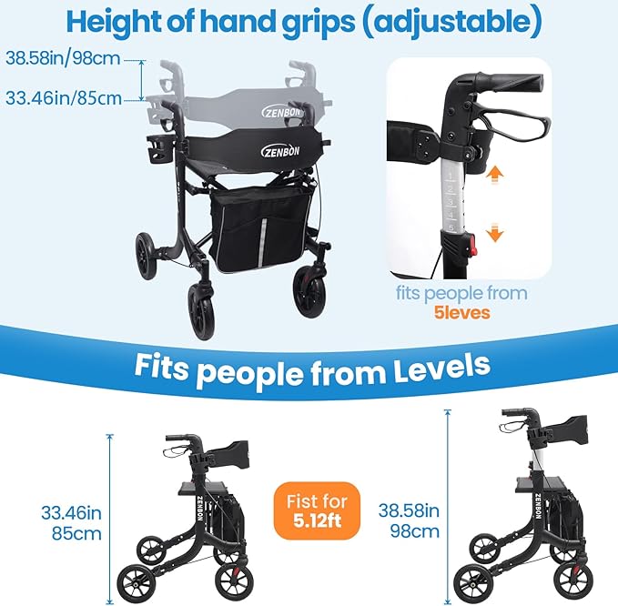 Rollator Walker for Seniors/Adults Foldable Rolling Walker with Seat 330 lbs Capacity 4 Big 8 inch Wheels Hand Grips Adjustable Height Lightweight Aluminum Walker Removable Back Support 7209(Black)