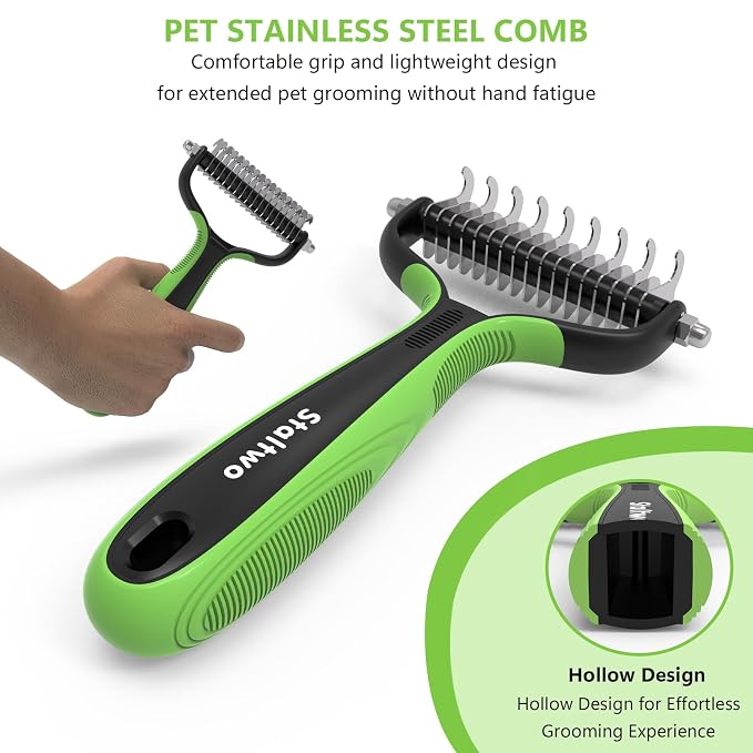 STALTWO Pet Grooming Supplies - 2-in-1 Professional Undercoat Rake and Pet Brush | Shedding Control for Long Haired Dogs and Cats, Deshedding Tool, Pet Grooming for Dogs and Cats, Green