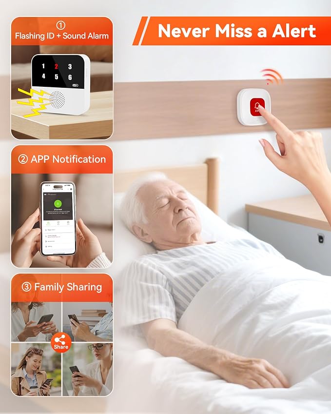 PILSAMAS WiFi Caregiver Pager Wireless Call Button, 1 Hub + 3 Panic Buttons | No monthly fee app alert, Caller ID display, IP65 waterproof, Emergency alert button for elderly at home & nursing care