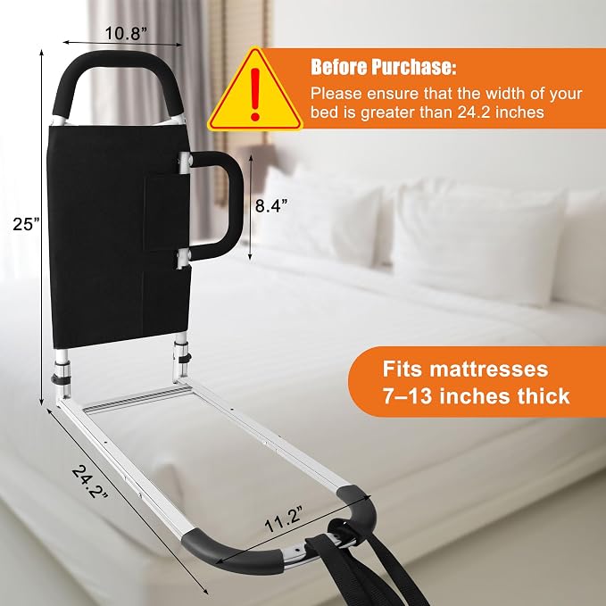 Bed Rails for Elderly Adults, Bed Assist Rails for Seniors with 2 Grab Bars & Storage Pocket & Fall Prevention Guard, Fits King, Queen, Full, Twin Bed, Support Up to 300lbs