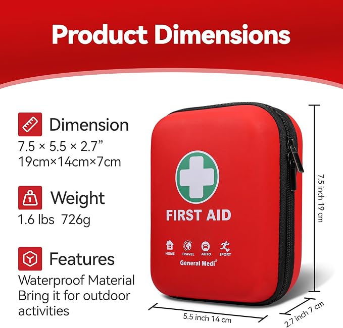 General Medi First Aid Kit - 170 Pieces Hard Case and Lightweight - Great for Travel, Home, Office, Vehicle, Camping, Workplace & Outdoor (Red)