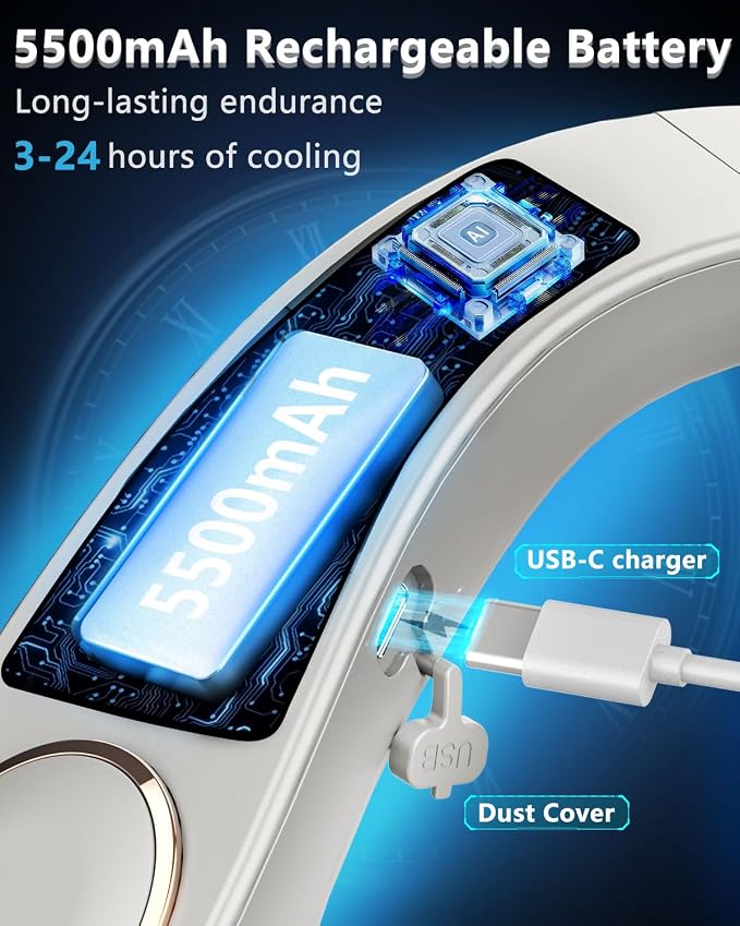 FWV Portable Neck Fans with Cooling Plate, 5500mAh 3-24H Lasting, Whisper Quiet 30dB, USB-C Rechargeable Necklace Fan, LED for Battery&Speed, Personal Mini AC Device for Outdoors Walking Workout Gray