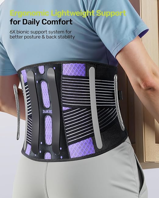 Rakiie Slim Back Brace for Lower Back Pain Relief, Lightweight & Breathable Back Support Brace for Men Women, Ergonomic Light Lumbar Support for Everyday Wear, Purple M