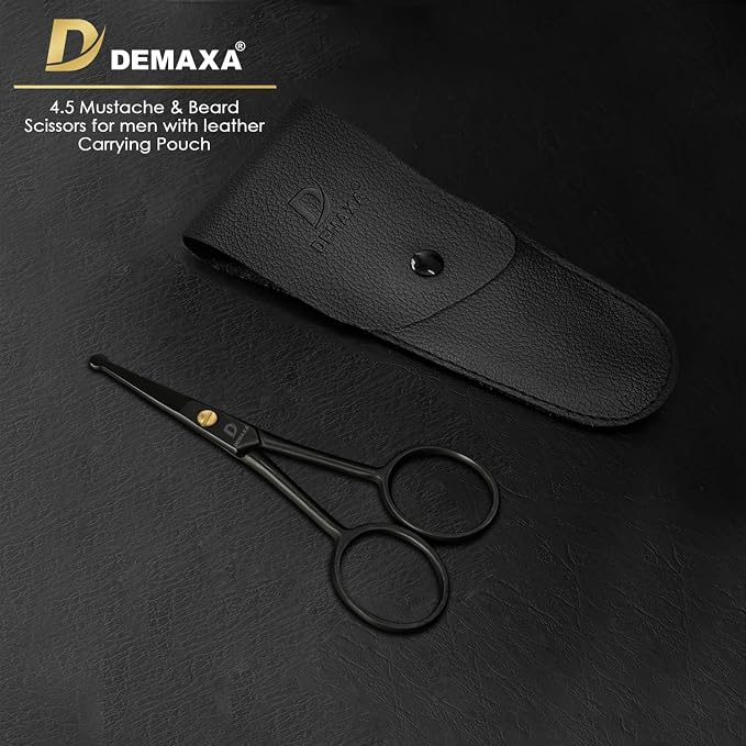 DEMAXA 4.5" Round Tip Safety Mustache Scissors Beard Scissors with 1 Mustache Comb, 1 Beard Comb & Soft Pouch – Best Facial Hair Shears for Beard Mustache Trimming Nose & Ear Hair