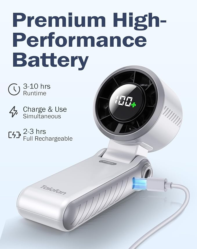 Portable High-Speed Handheld Fan with LED Display, [Smart Power & Wind Control], 4000mAh Rechargeable Mini Personal Fan, 5 Speeds, Quiet USB Travel Fan for Outdoor, Commuting