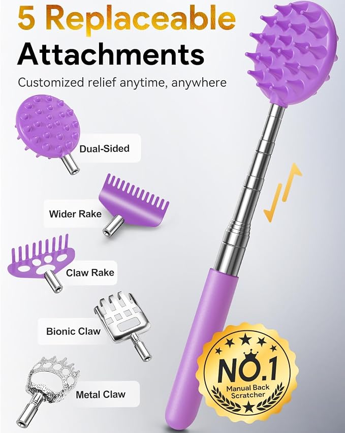 Telescoping Back Scratcher with 5 Detachable Heads, Gift for Men Purple | 10-30" Reach, Stainless Steel Pole, Rubber Grip, Christmas Stocking Stuffers, White Elephant, Anniversary and Birthday Gift