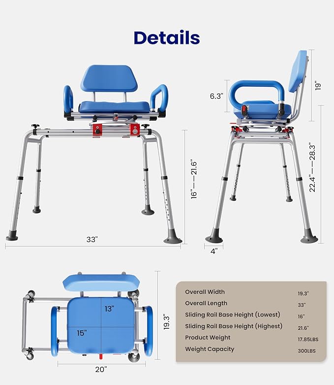 VOCIC Sliding Shower Chair with Swivel Seat, Swivel Tub Transfer Bench, Shower Bench for Elderly, Adjustable Height Bathtub Bench with Armrests & Swivel Padded Seat & Safety Belt, AX19