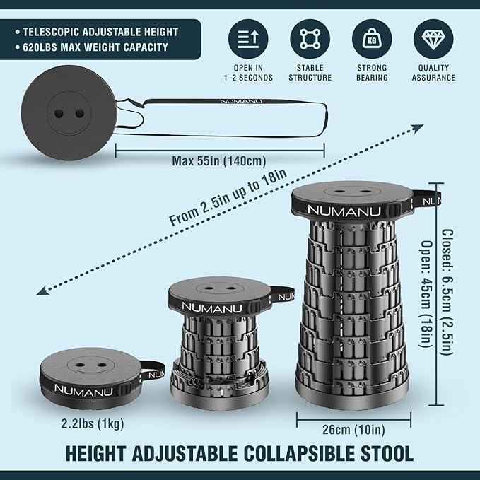 Collapsible Stool for Adults 2-Pack, Folding Seat, 620 lbs, 18in | Set of 2 Heavy-Duty Stools, Telescoping to 18in Adjustable, Retractable & Lightweight; Travel, Sports, Camping, Work