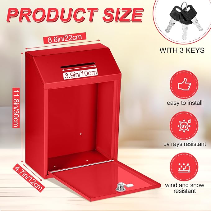 Yaocom Metal Money Box,Red,11.81 x 8.58 x 4.72 Inch,No Lid | Wall Mounted Drop Donation Cash Box for Farm Stand Collection Safe Suggestion Box with Lock Container for Home Office Outdoor