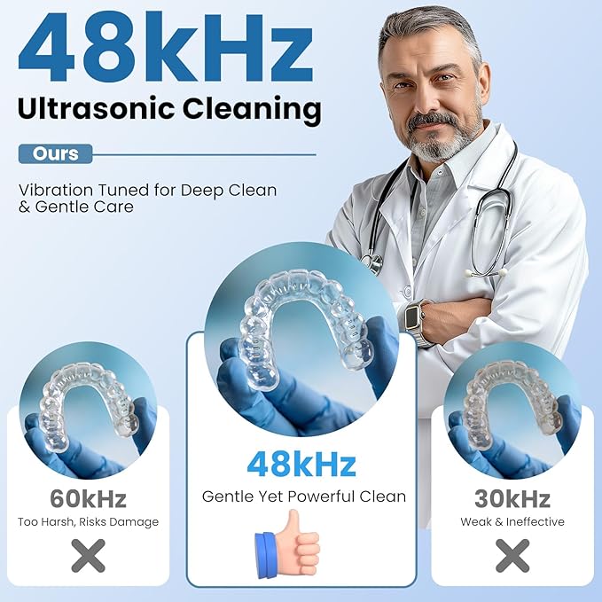 Ultrasonic Retainer Cleaner Machine, 48kHz Rechargeable Cordless Denture Cleaner with 4000mAh Battery, 200ML Dental Cleaning Pod for Dentures, Mouth Guards, Aligner, Night Guard, Jewelry Black
