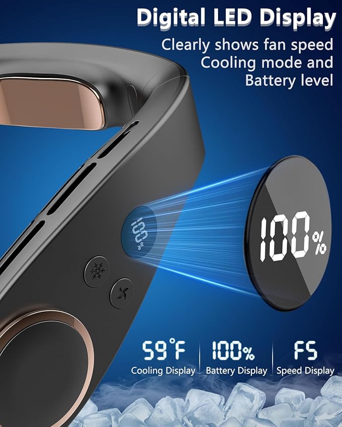 FWV Neck Fan with Cooling Plate, Quiet 30dB, 3-24Hrs Cooling,5500mAh Battery,LED Display Necklace AC Cooler, USB Bladeless Portable Personal Wearable Fans that Blow Cold Air for Men Women Kids Black