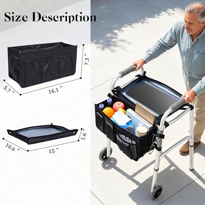 Walker Basket for Seniors, Walker Storage Bag with Reinforced Tray | Large Capacity Walkers Organizer, Multi Pockets, Stable Walker Accessories for Reading Eating Daily Essentials