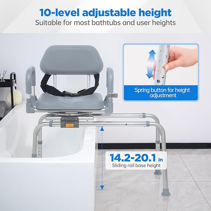 FSA/HSA Eligible Sliding Shower Chair with Swivel Seat, Rotating Tub Transfer Bench Shower Bench with Padded Seat and Backrest for Elderly and Disabled, Gray