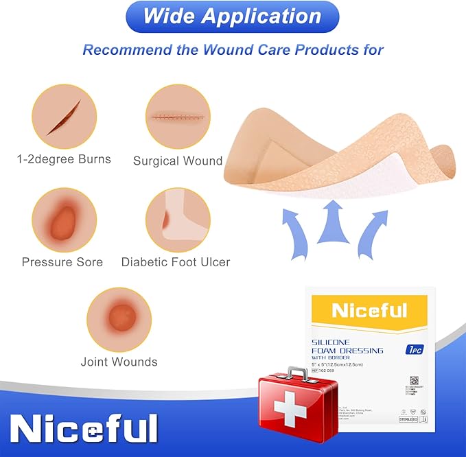 Niceful Silicone Foam Dressing | Large Bandages for Wounds Pressure Sores Post-Surgery 5"x5" （10Pcs）