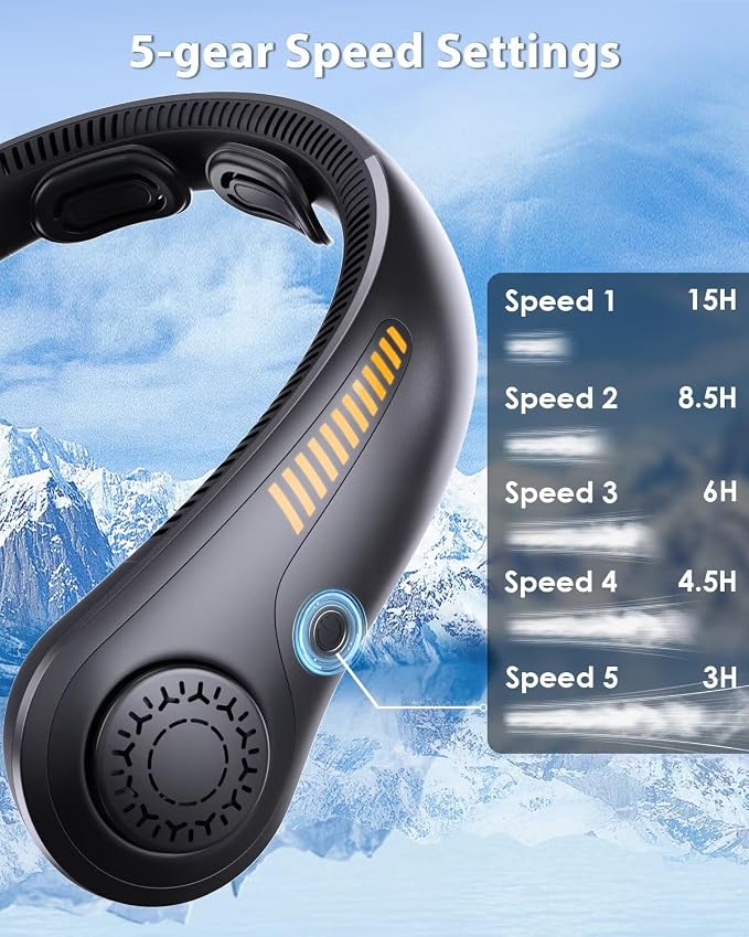 Portable Neck Fan Rechargeable Wearable Personal Fan Blow Cold Air, 5 Speeds, USB Battery, Neck Cooler with Neckbrace, Gift for Men Women, Sports, Gardening, Home, Outdoors, Travel, Camping