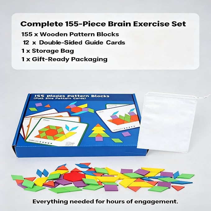 Dementia Activities for Seniors - 155 Pcs Large Size Wooden Memory Games for Seniors, Dementia Memory Care Gifts, 12 Double-Sided Pattern Cards & Storage Bag