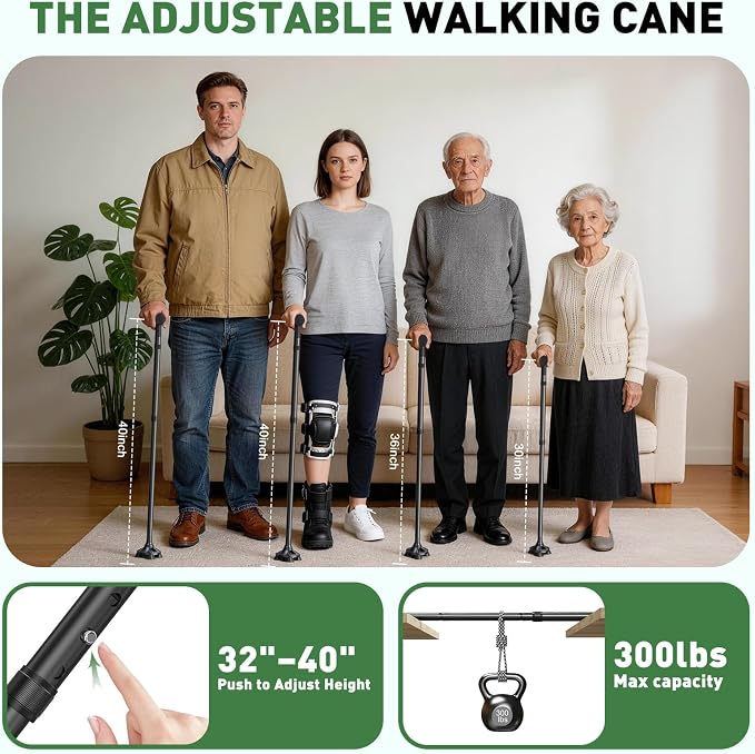 Walking Cane for Men & Women, Sturdy Walking Sticks for Seniors | Foldable, Adjustable, All Terrain Tips for Daily Use/Travel, Comfort Grip, Free Standing, Heavy-duty Aluminum, Black