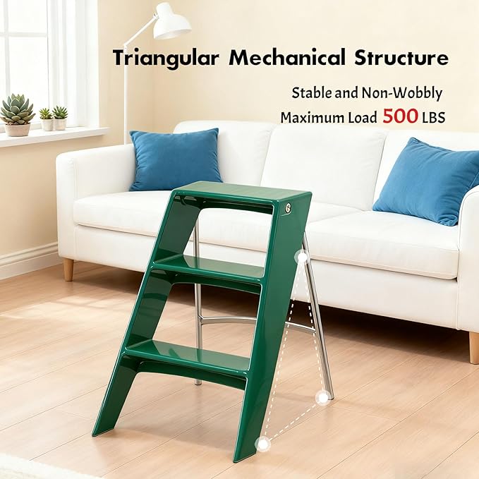 Acrylic 3 Step Ladder Folding Step Stool for Adults Foldable Small Step Stool Ladder for Kitchen Plastic Stepladder Modern Collapsible Ladder for Closet Home Bathroom Indoor (Green)