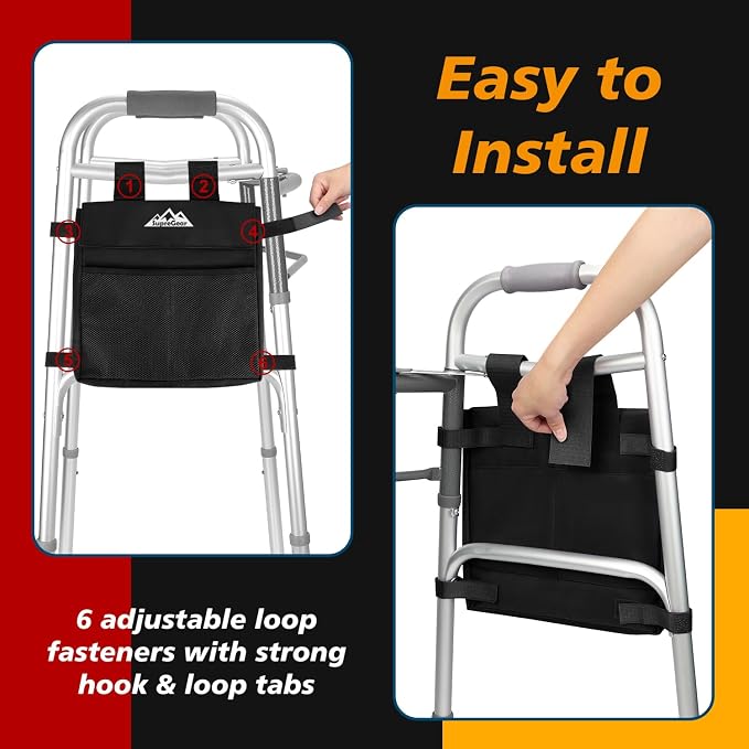 supregear Walker Side Bag, Multi Pocket Storage Pouch for Folding Walker, Water Resistant Lightweight Hand Free Carrier Tote, Universal Size Seniors Caddy Attachment