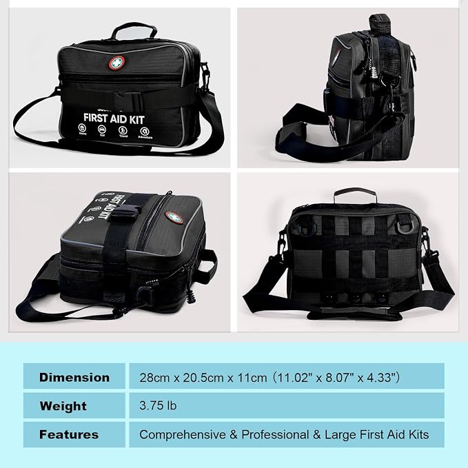 Professional 435 Pieces Large First Aid Kit - Includes Compressed Gauze - Compartments Emergency Medical Kit for Home, Camping, Backpacking, Travel, Boat, Car,Outdoors (Black)