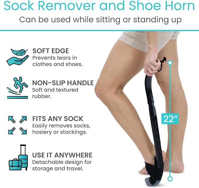 Vive Sock Remover Device for Seniors - Sock Aid and Shoe Horn | Compression Socks, Hosiery and Stockings - Sock Assist for Elderly, Men, Women - No Bending Daily Assistance Device