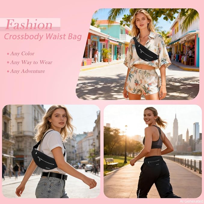MAXTOP Large Crossbody Fanny Pack Belt Bag for Women Men with Silver Zipper | 4-Zipper Pockets,Fashion,Nylon,Gifts for Enjoy Sports Yoga Running Workout Walking Casual Travel
