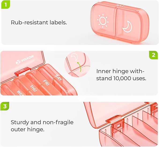 AUVON XL Weekly Pill Organizer 2 Times a Day, Pill Box 7 Day with One-Side Large Openings for Easy to Use, Watermelon Red AM PM Pill Case for Medication, Vitamins, Fish Oils, Supplements