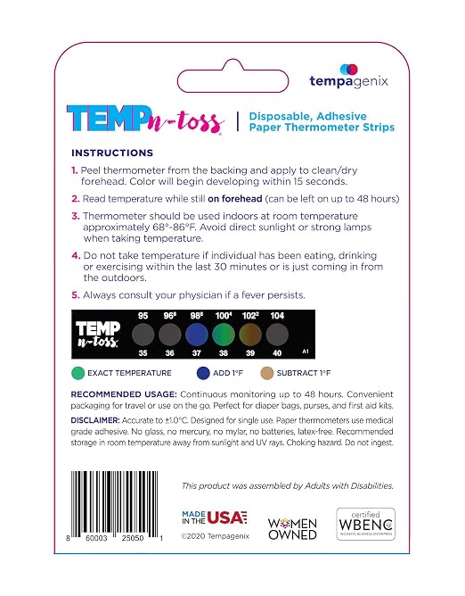 Temp-N-Toss Disposable Forehead Temperature Strips, Baby, Fast Reading, 12 | Single Use, Hygienic Design, Color Change Indicator, No Batteries Required, Lightweight, Travel Friendly, First Aid Kit