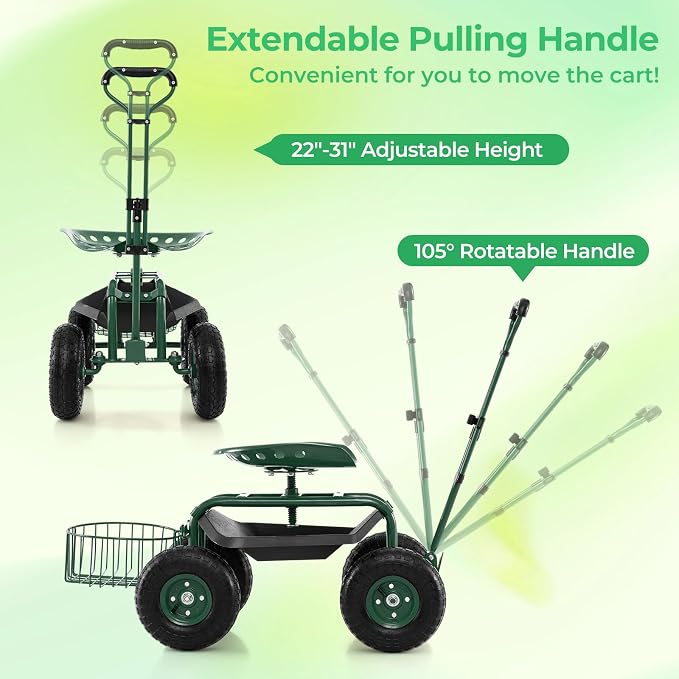 Garden Seat with Wheels, Rolling Stool with Extendable Handle, Storage Basket & Tool Tray, Garden Scooter with 360 Degree Swivel Seat for Outdoor & Yard (Green)