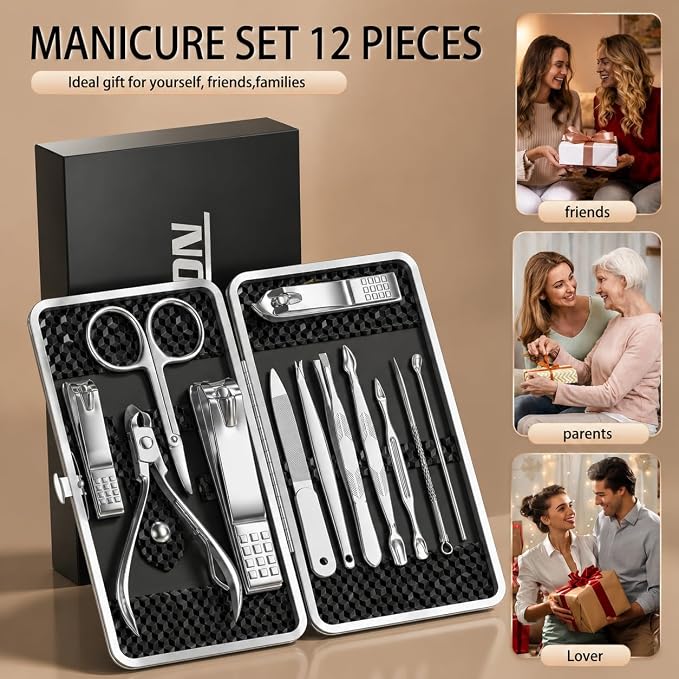 Manicure Set, Stainless Steel Nail Clipper Set with Luxurious Travel Case | 12-Piece Set with Thicker Steel, Precision-ground Cutting Edges, and Smooth-finished Tools for Clean, Precise Trimming.