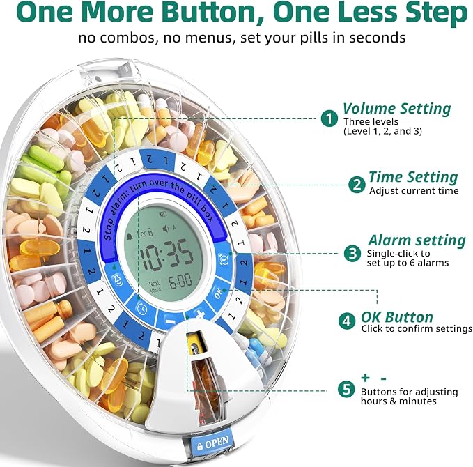 Windtrace Automatic Pill Dispenser for Elderly with Alarm | 28-Slot, Monthly Use, Mix-Proof, Kid-Proof, Built-In Lock, Senior-Friendly, 6-Button, Easy Setup, 5000-Cycle, XL LCD