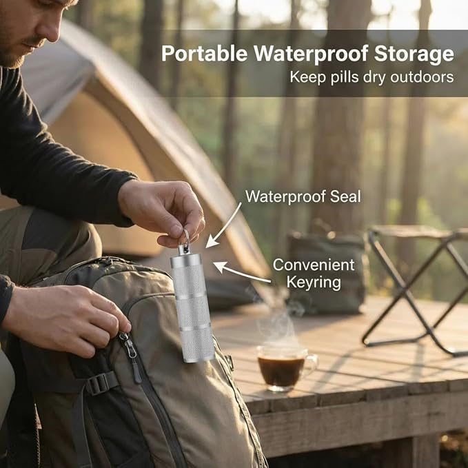Waterproof Keychain Pill Holder - Compact, Portable, and Secure Pill Box with 3 Compartments - Pocket-Sized Pill Case and Container for Daily Medication on the Go, Sliver | Anodized aluminum with a keyring. 3 detachable layers. Pocket-sized, rustproof ...