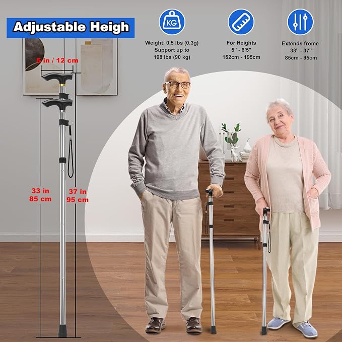 MFE Folding Cane, Portable 5-Level Adjustable Height Walking Stick with Foldable Design, Wrist Strap, and T Handle for Men and Women