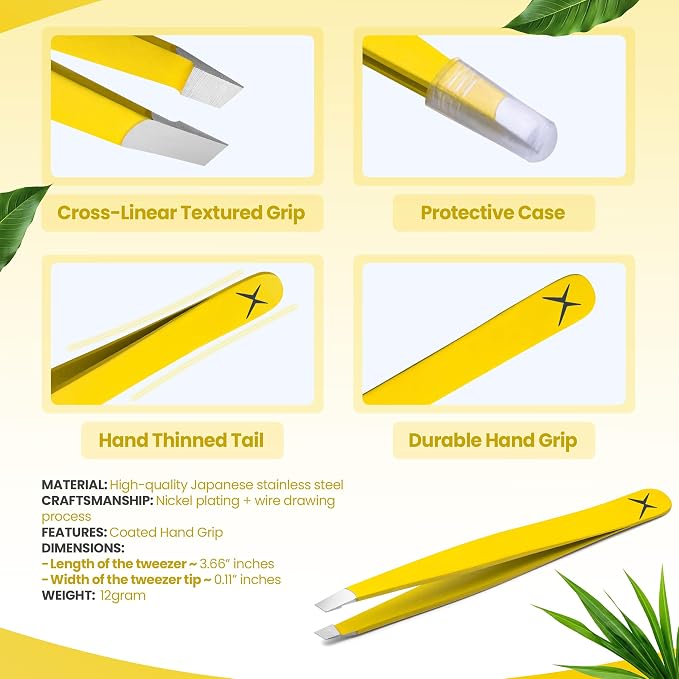 Professional Slant Tip Tweezers - Precision Stainless Steel Eyebrow Plucking Tool for Women and Men, Ingrown Hair Remover, Facial Hair Tweezers for Grooming (Lemon Silk)