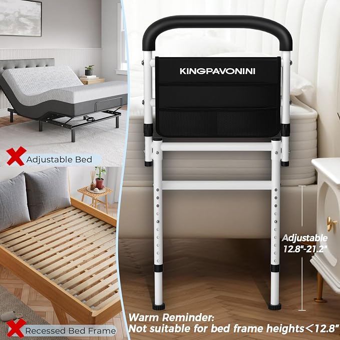 KingPavonini Bed Rails for Elderly Adults Safety ASTM-Approved, 2026 Upgrade Bed Rails for Seniors with Adjustable Anti-Wobble Feet, 400lb Bed Cane, Non-Slip Handle & Storage Bag, No-Tools, Model GL04