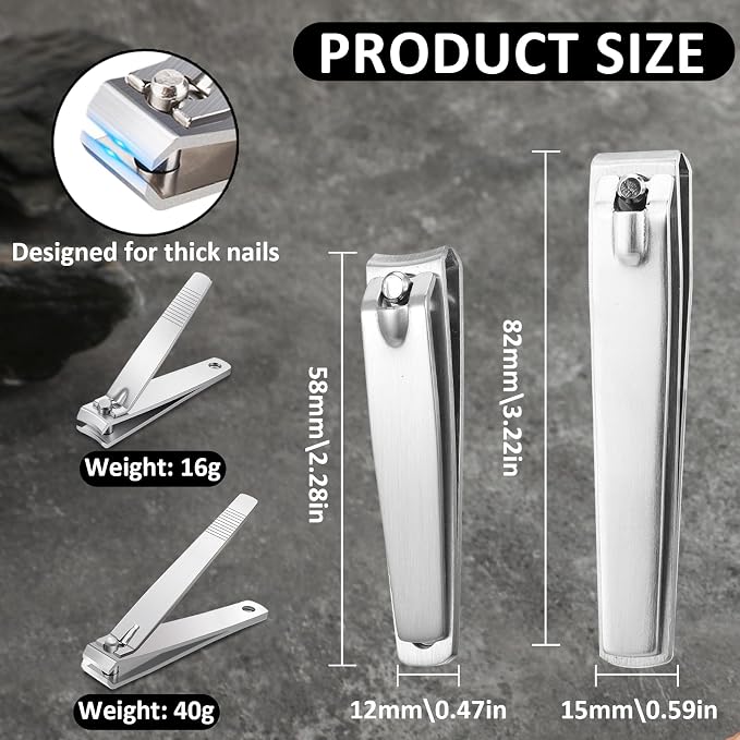 Fingernail Clippers Set, 2Pcs Sturdy Stainless Steel Fingernail Toenail Clippers Thick Toenail Clipper for Men Women (Silver)