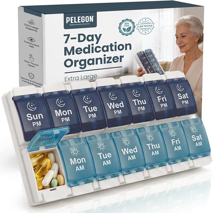 PELEGON Pill Organizer 2 Times a Day, Weekly Pill Organizer AM PM 7 Day, Large Medicine Pill Organizer with One-Touch Open, Extra Large Compartments, BPA Free Travel Pill Organizer for Daily Use