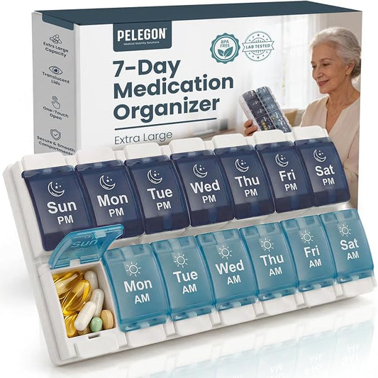 PELEGON Pill Organizer 2 Times a Day, Weekly Pill Organizer AM PM 7 Day, Large Medicine Pill Organizer with One-Touch Open, Extra Large Compartments, BPA Free Travel Pill Organizer for Daily Use