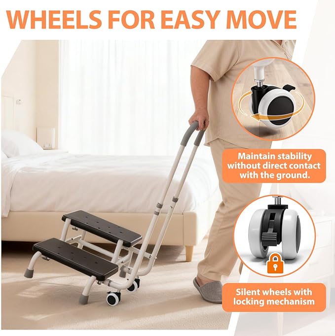 Step Stool with Handle for Elderly with Lockable Casters 5-Level Adjustable Handrail Non-Slip Platform Bed Steps for High Beds for Adults for Bathtub Kitchen High Beds Foot Stool