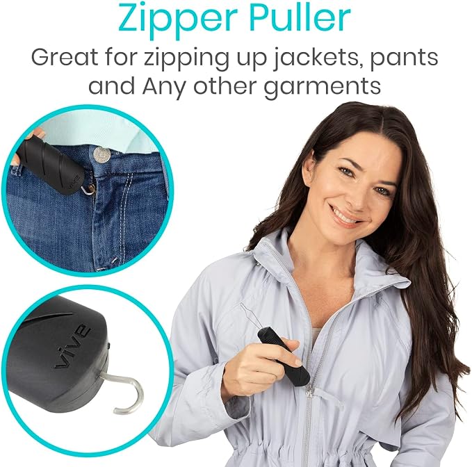 Vive Button Hook with Zipper Pull - Dressing Helper Assist Tool for Arthritis - One Hand Shirt & Coat Buttoning Aid, Disability, Handicapped, Seniors, Elderly - Limited Dexterity, Wide Grip Handle