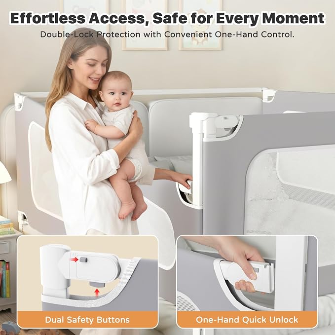 MagicFox 3 Piece Queen Size Bed Rail for Toddlers,Upgraded Height Adjustable Baby Bed Rail Guard, Thickened Child Safety Bed Rails for Queen Size Beds (78.7"x78.7"x60" Gray)