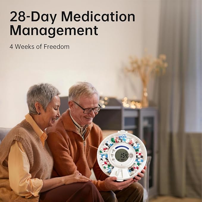 VEXA VitaMate 28 Smart Automatic Pill Organizer with Exclusive Self-Developed App, 28-Slot Monthly Medication Management, App-Connected Sound Alerts, Easy Flip-to-Dispense for Vitamins & Tablets