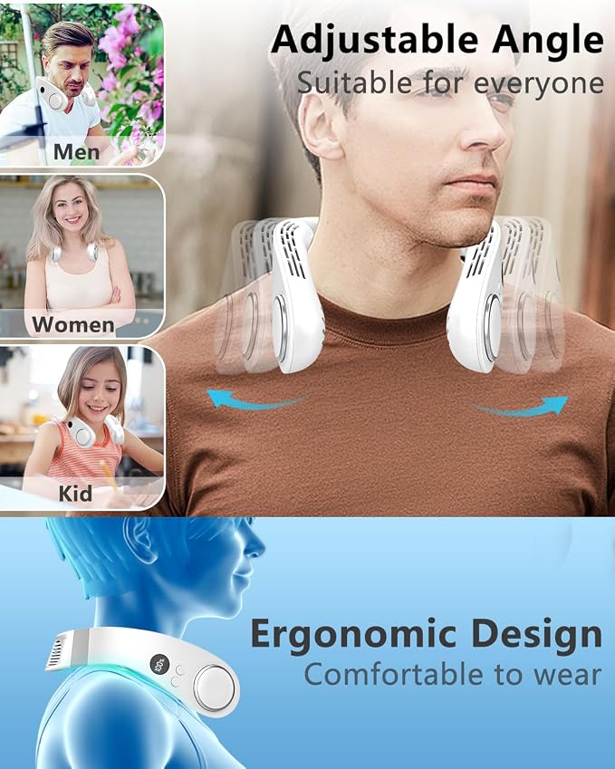Portable Neck Fan with Cooling Plate, Chargeable 5500mAh 3-15H Lasting, Personal Cooling Fan with LED Display, Wireless Hand-Free Mini Headphone Fans Festival Gifts for Kids Women Men Adults, White