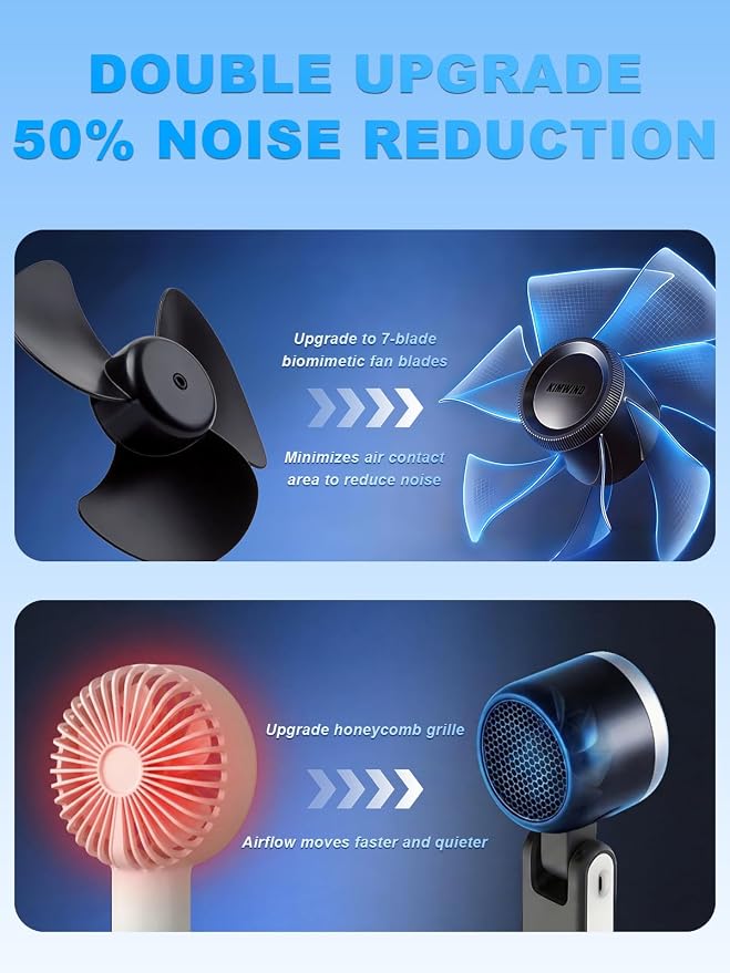 Portable Handheld Turbo Fan, 5 Gear Wind, Battery Operated, Up to 13 Working Hours Rechargeable Fan, 3 IN 1 Hand Fans with Air Turbo Tech Cooling Fan for for Travel, Beach, Outdoor - Black