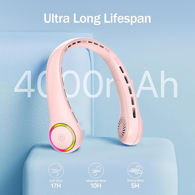 GULAKI Portable Neck Fan, Personal Fan with 4000mAh Battery, Rechargeable Neck Fan with 3 Speeds and 64 Cool Lights, Birthday Gifts for Men Women Mom Dad, Hands Free Cooling fan for Summer(Pink)