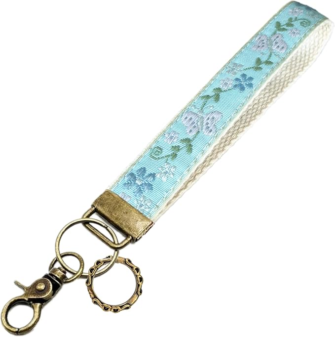 Boho Vintage Embroidered Floral plant Wristlet Keychain for Women | Cute Lanyard&Antique Brass Clasp, Lightweight Hands-Free Key Holder for keys,purses,handbags and daily outdoor use for ladies